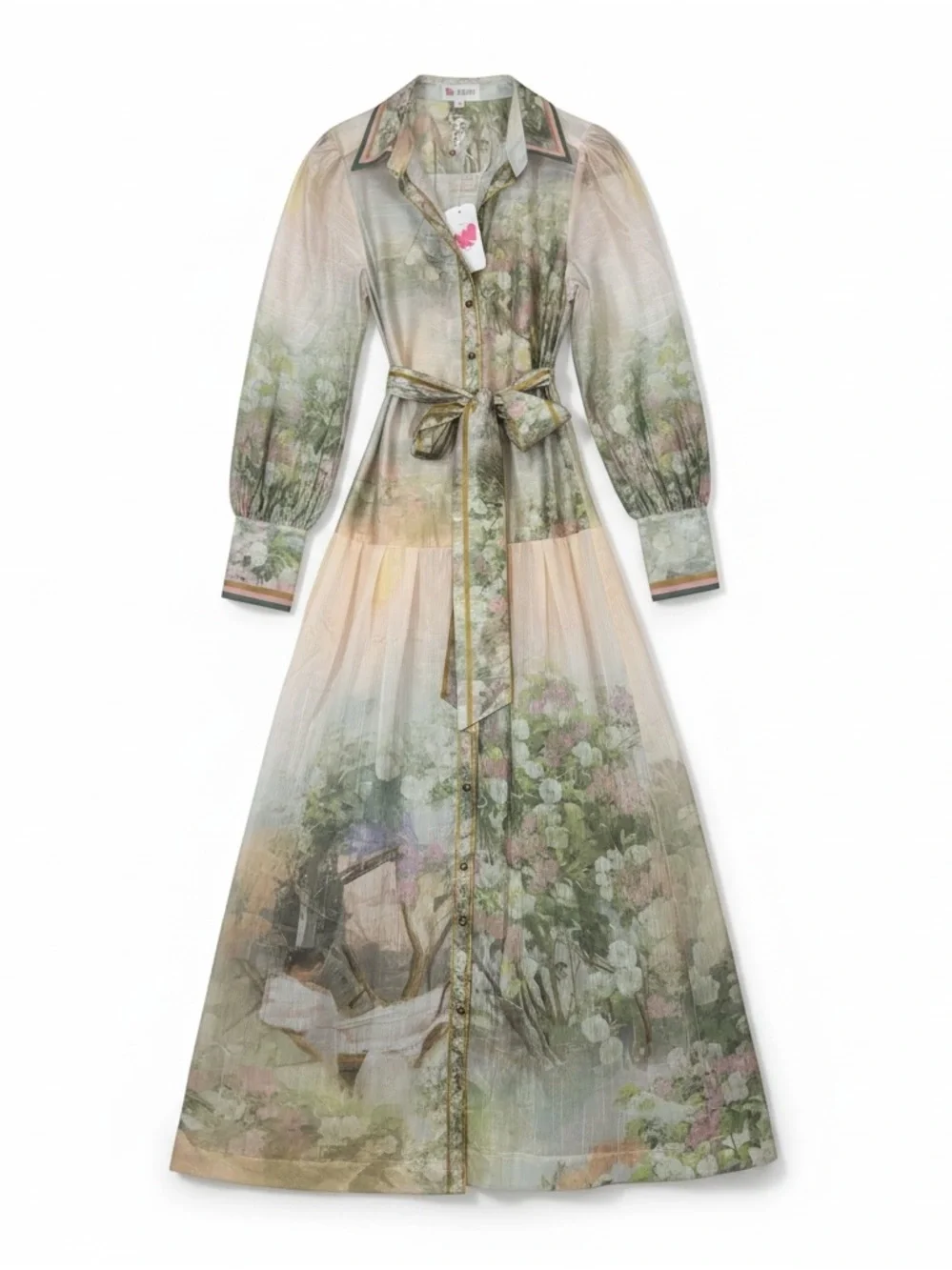 L’ATISTE Floral Sheer Maxi Dress Belted Bishop Sleeves Gold Buttons Size M NWT - Picture 2 of 13